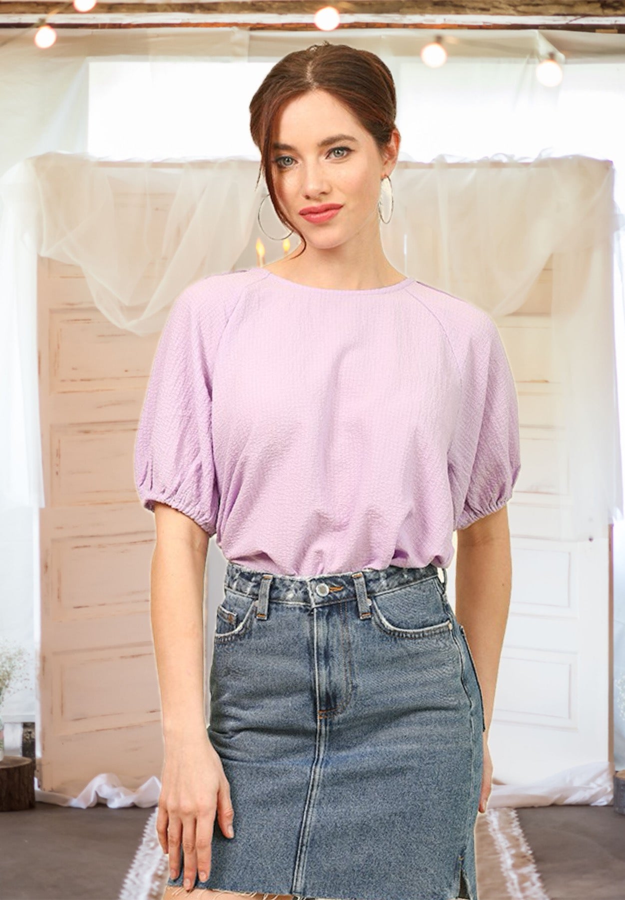 Sweeter With Time Textured Bow Tie Blouse in Lavender
