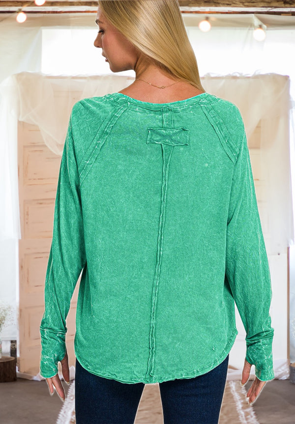 Never Better Acid Washed Top in Kelly Green