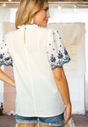 Thank You, Kindly Eyelet Embroidered Sleeve Blouse in White/Navy - Curvy