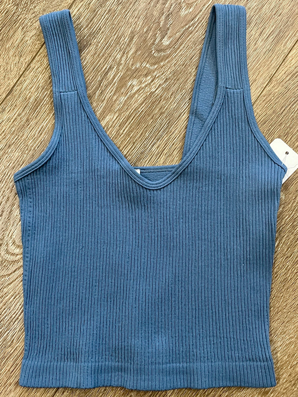 Ribbed Cropped Tank Top in Denim - One Size