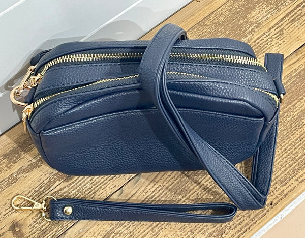 Ciao, Babe!  Leather Rectangle Crossbody Bag in Navy