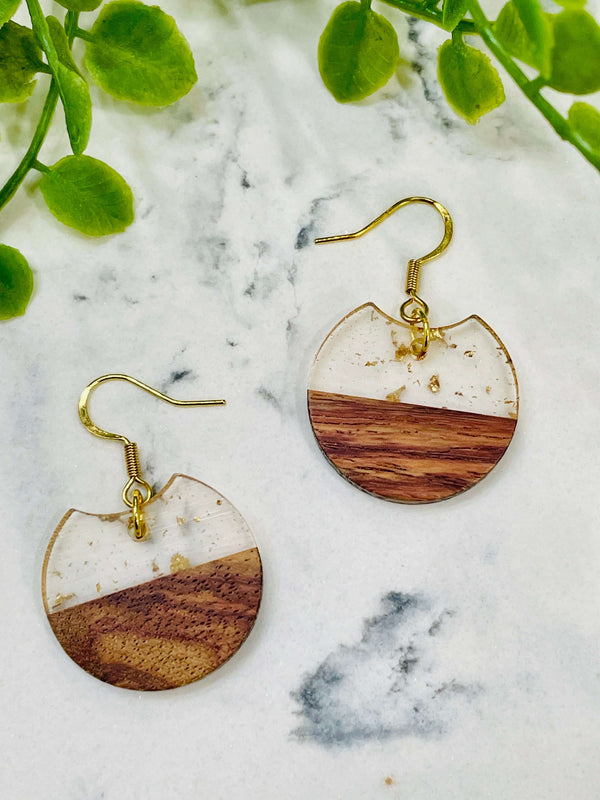 Cut Out Circle Wood and Gold Flaked Resin Earrings