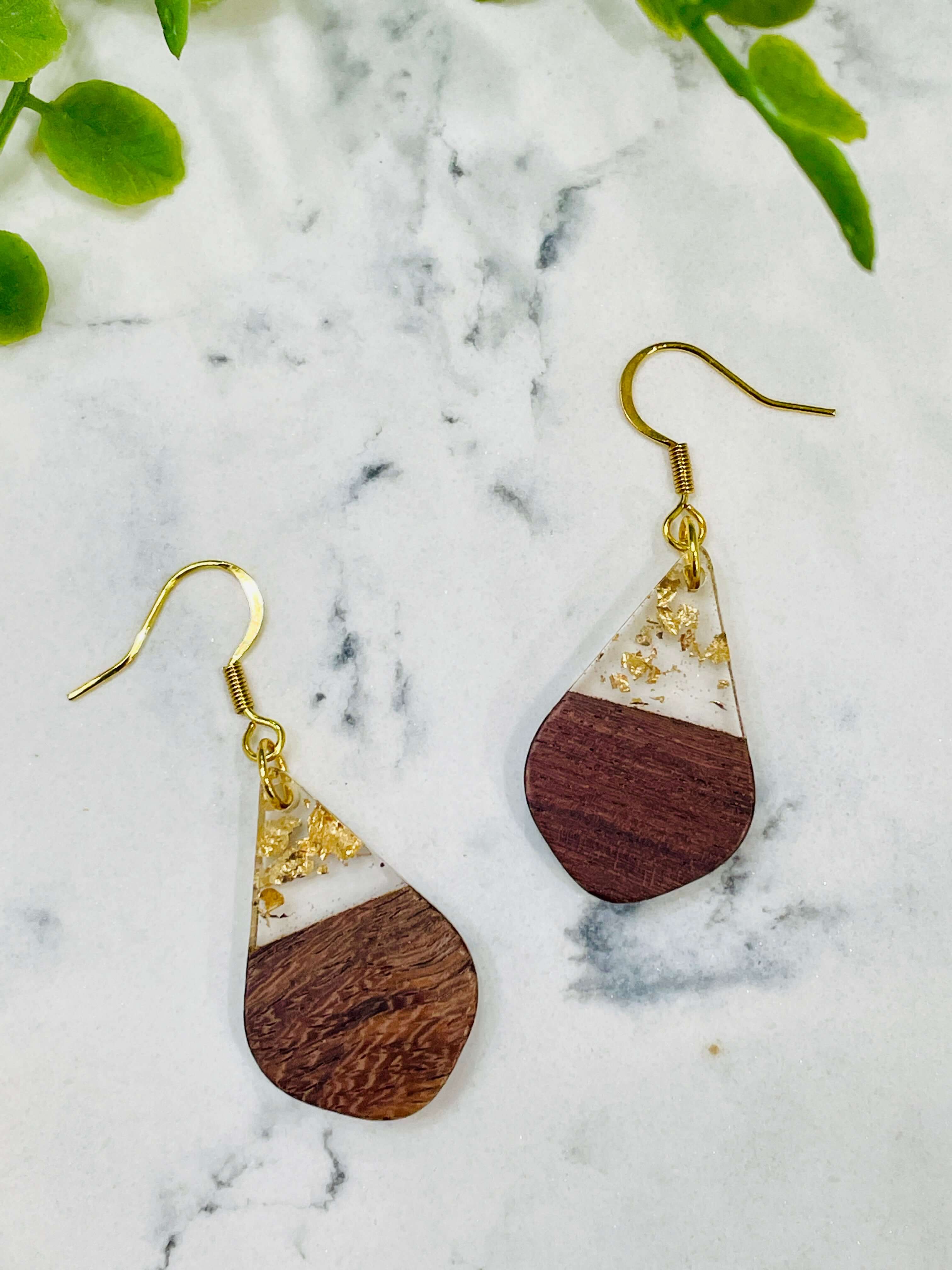 Teardrop Wood and Gold Flake Resin Earrings