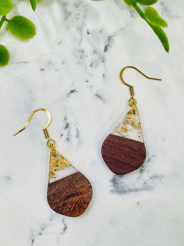 Teardrop Wood and Gold Flake Resin Earrings