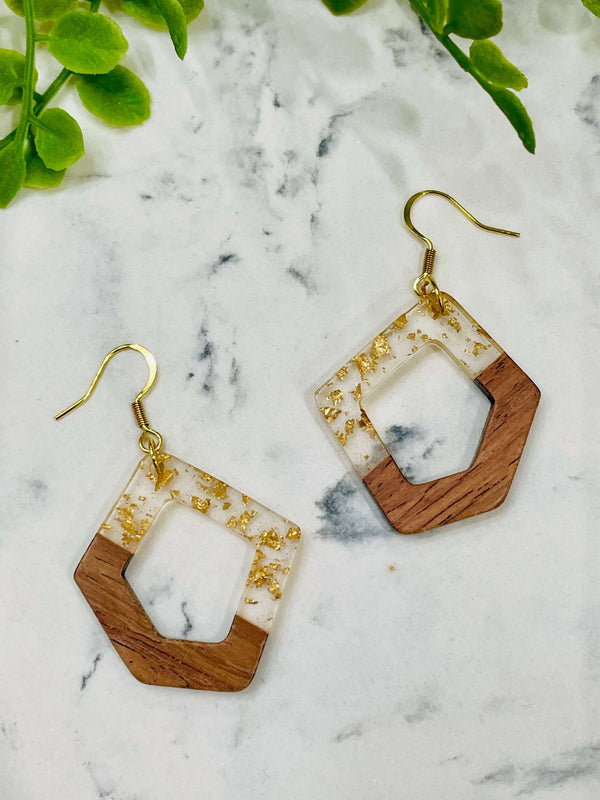 Five Sided Wood and Gold Flaked Resin Earrings