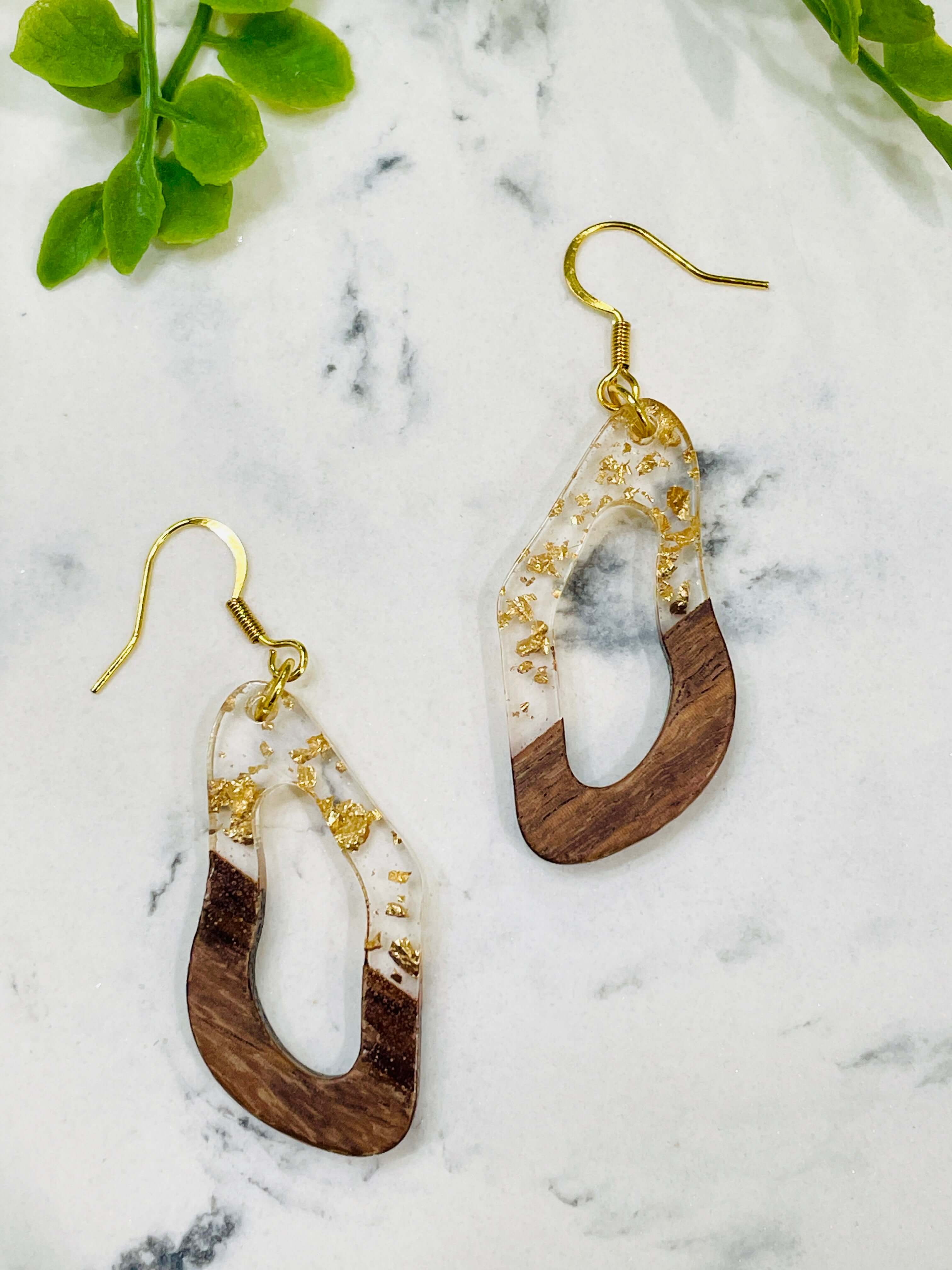 Wavy Oval Wood and Gold Flake Resin Earrings