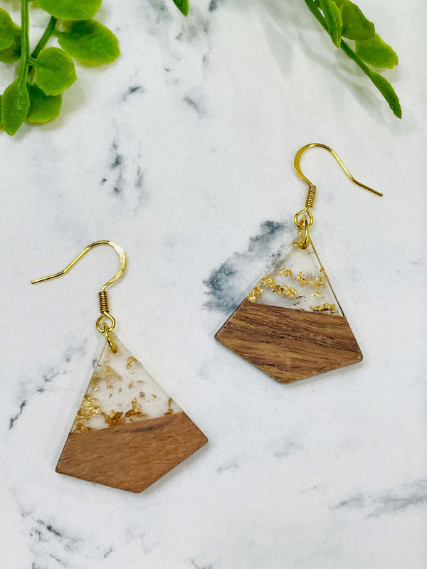 Triangular Wood and Gold Flake Resin Earrings