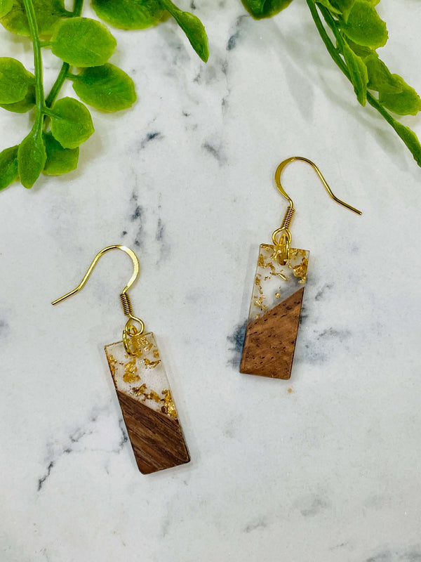 Bar Shaped Wood and Gold Flaked Resin Earrings