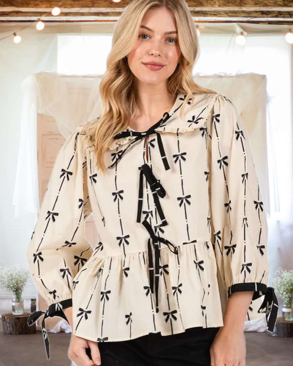 Find Your Happy Bow Print Tie Front Blouse in Cream and Black