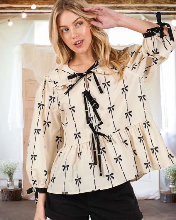 Find Your Happy Bow Print Tie Front Blouse in Cream and Black