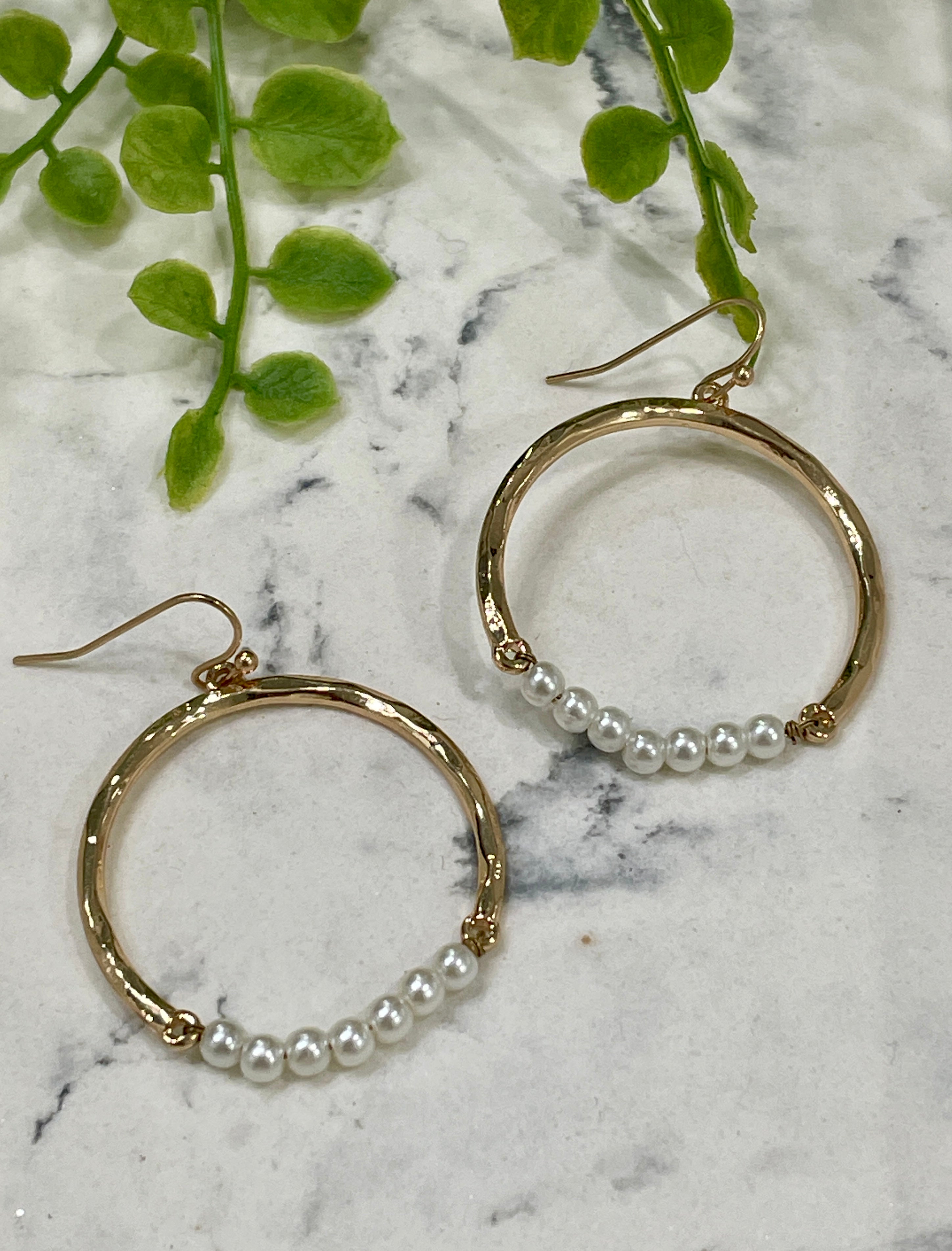 Veronica Hammered Gold Hoop and Pearl Earrings