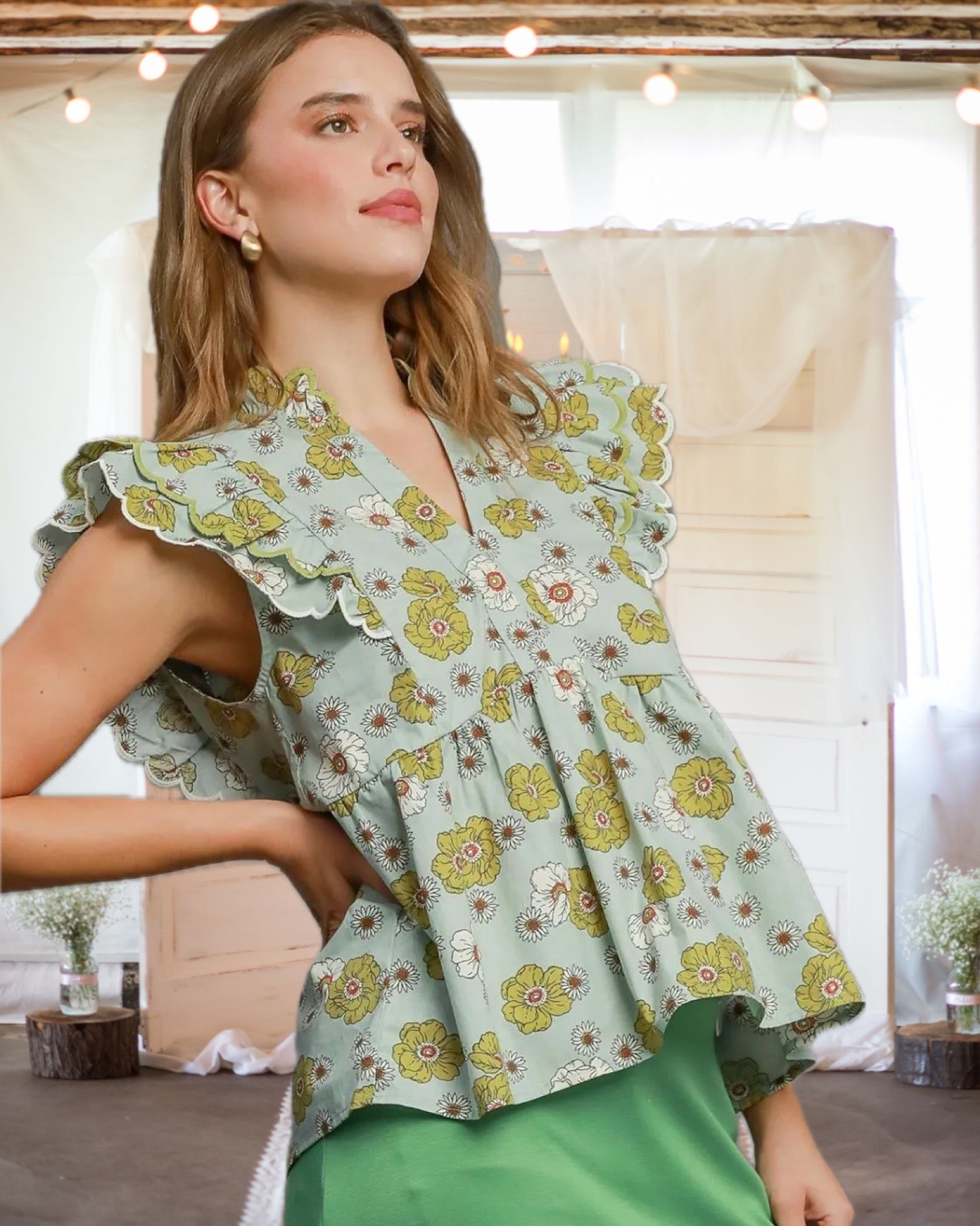 Dream a Little Dream Floral Print Peplum Top in Blue Mint - Misses and Curvy