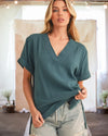 Nothing Better Side Slit Short Sleeve Blouse in Deep Teal