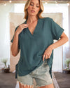 Nothing Better Side Slit Short Sleeve Blouse in Deep Teal