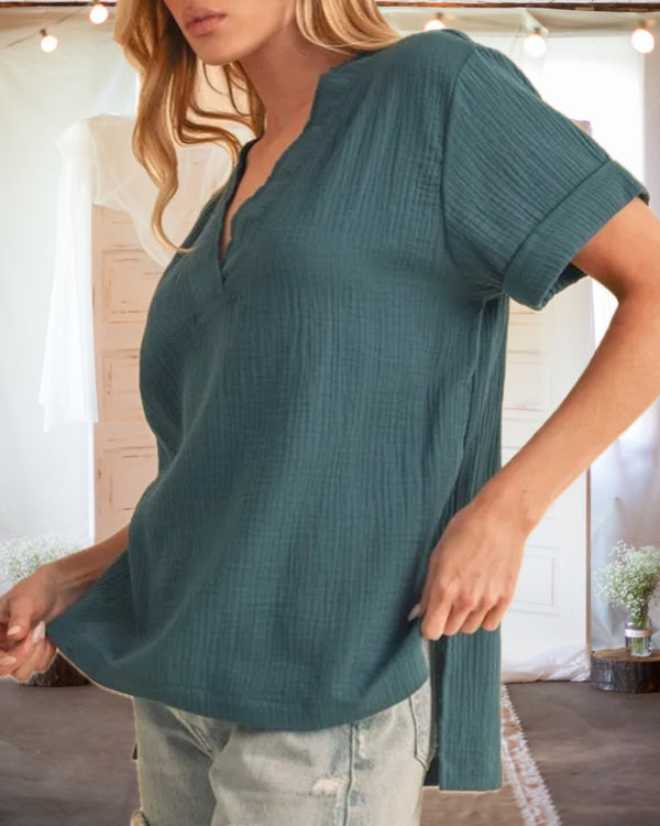 Nothing Better Side Slit Short Sleeve Blouse in Deep Teal