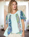 Mixed Company Frayed Hem Half Button Short Sleeve Blouse in Mint and Blue