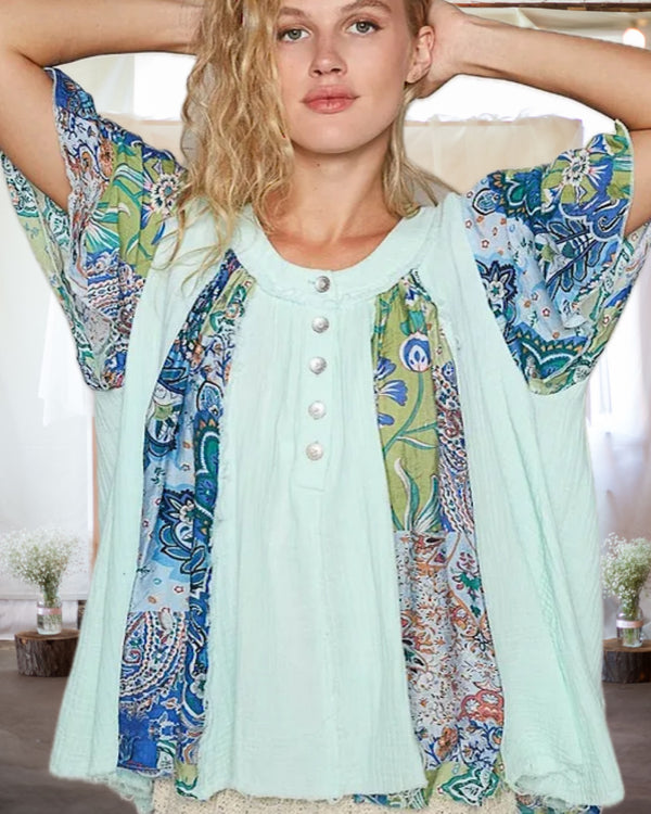 Mixed Company Frayed Hem Half Button Short Sleeve Blouse in Mint and Blue