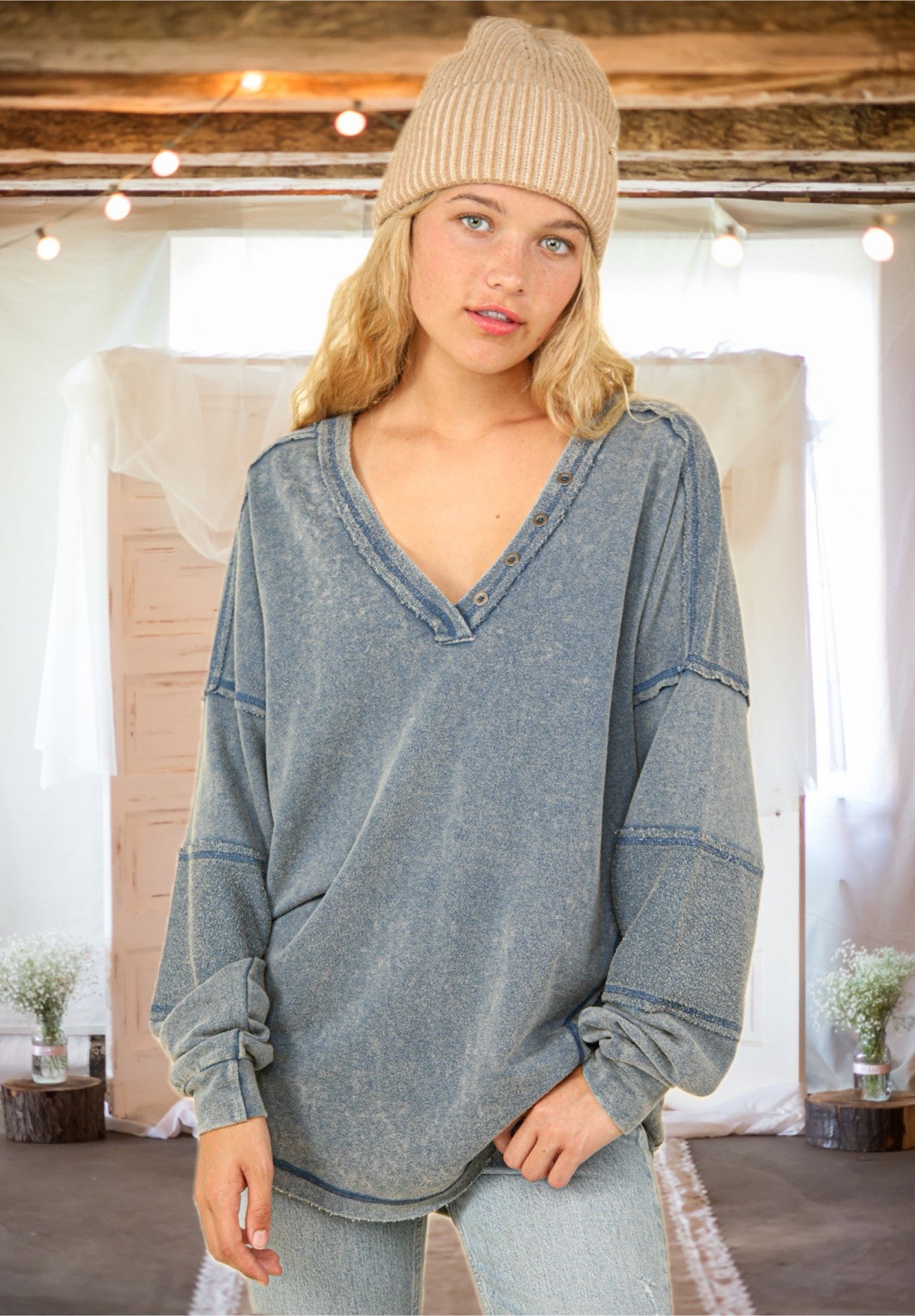 Talk To Me Washed Oversized Top in Denim Blue - Curvy