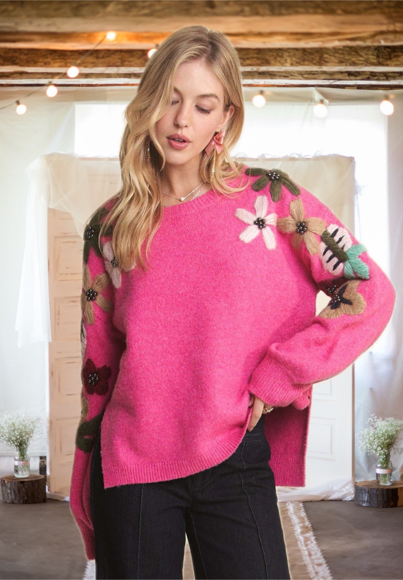 Taking It All In Embroidered Sweater in Fuchsia