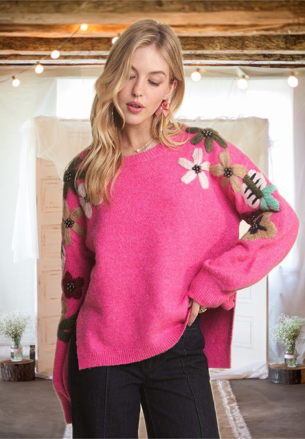 Taking It All In Embroidered Sweater in Fuchsia