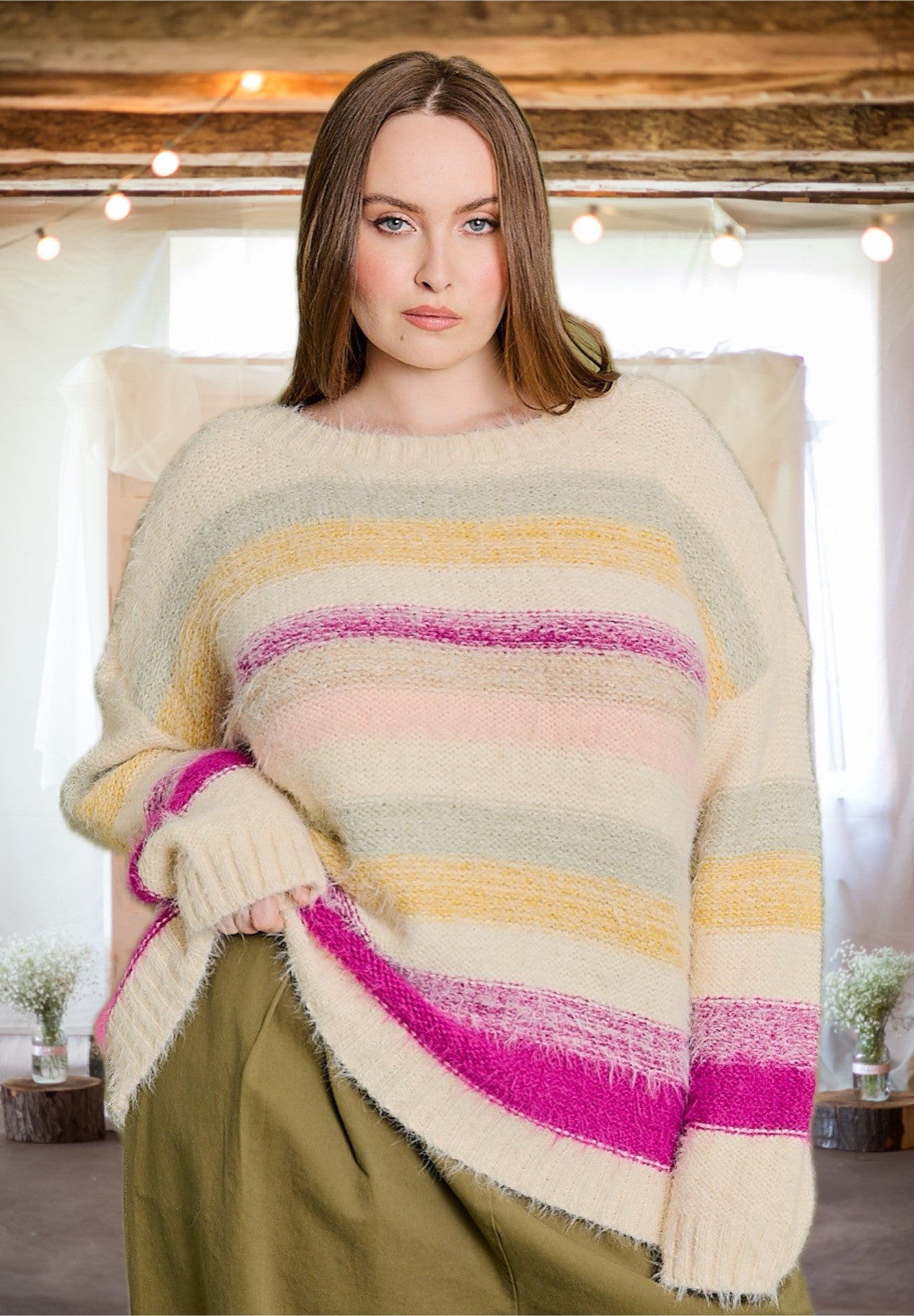 Tell Me Everything Mult Stripe Sweater in Cream/Fuchsia - Curvy