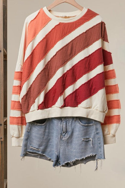 Color Theory Textured Striped Pullover in Rust
