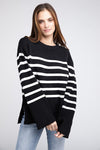 Classically You Ribbed Hem Stripe Sweater in Black and Ivory