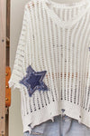 Bursting Stars Distressed Knit Pullover in White and Denim