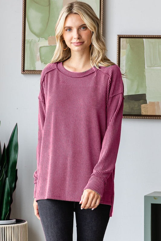 Just To See You Wavy Ribbed Top in Deep Rose