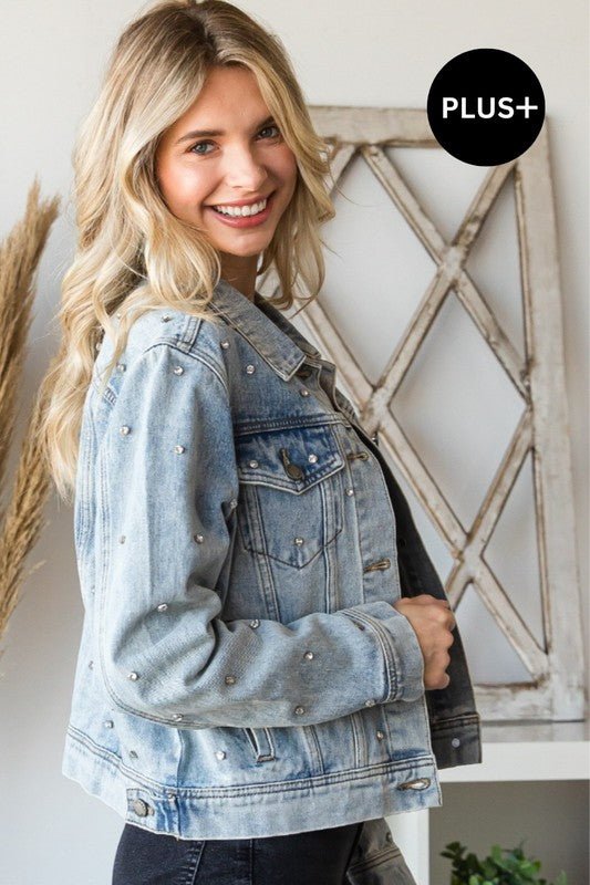Rhinestone Cropped Denim Trucker Jacket in Medium Denim - Curvy