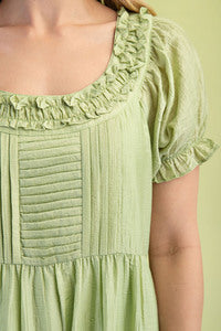 Lexi Lightweight Tiered Pleat Detail Dress in Sage Green