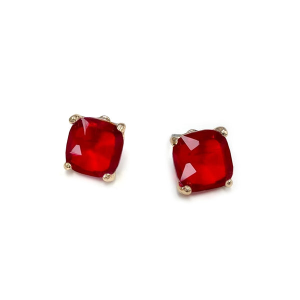 Broadway 12mm Cushion Cut Square Crystal Glass Bead Stud Earrings in Red