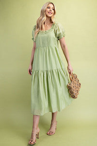Lexi Lightweight Tiered Pleat Detail Dress in Sage Green