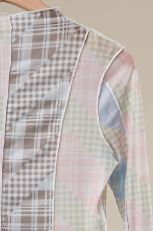 Addi Rose Mixed Plaid Mesh Layering Top in Pastel Blue