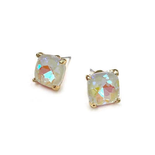 Broadway 12mm Cushion Cut Square Crystal Glass Bead Stud Earrings in White AB