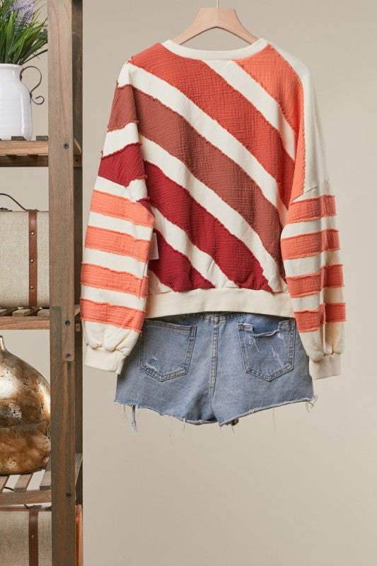 Color Theory Textured Striped Pullover in Rust