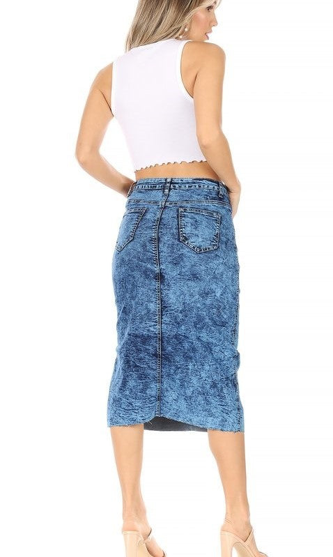 Here to Stay Acid Washed Raw Hem Denim Midi Skirt - Curvy