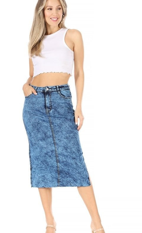 Here to Stay Acid Washed Raw Hem Denim Midi Skirt - Curvy