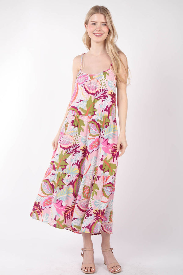 One Way Ticket Tropical Printed Cami Midi Dress In Pink