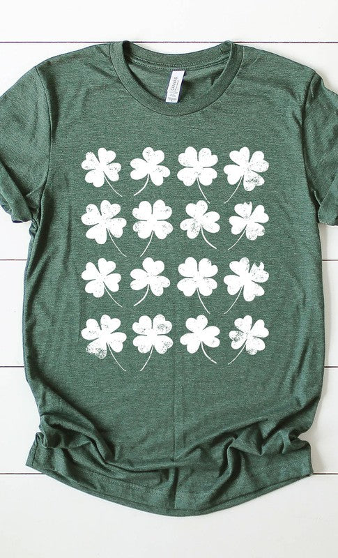 Distressed Clover Grid Graphic Tee in Heather Grass Green - Curvy