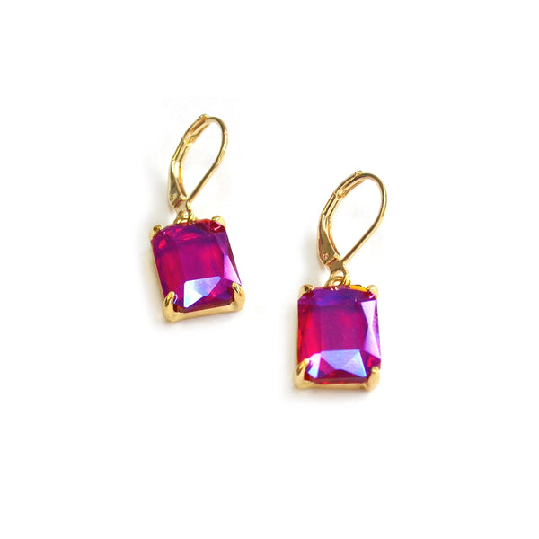Broadway Rectangle Crystal Glass Dangle Drop Earrings in Fuchsia