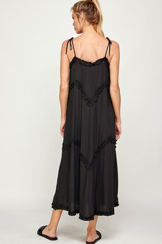 Living the Dream Life Ruffle Trim Tiered Midi Sundress in Black