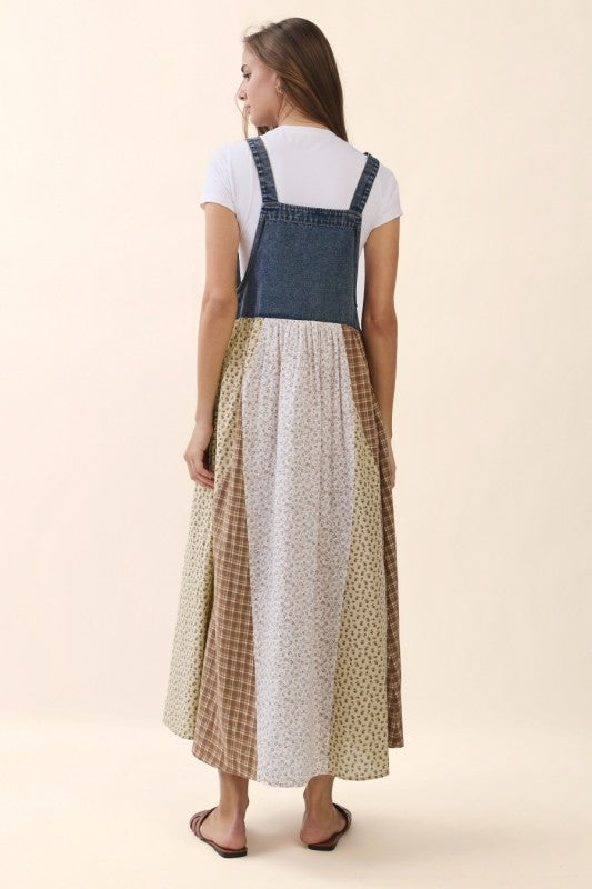 Eliana Patchwork Overall Maxi Dress in Light Denim - Curvy