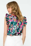 Back view of Eva Abstract Print Ruffle Trim Blouse in Teal with vibrant colors and ruffle cap sleeves, perfect for casual or dressy outfits.