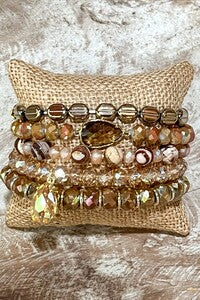 Toni Set of Five Stone and Glass Bead Stretch Bracelets in Brown