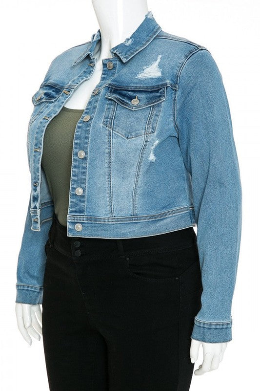 Classic Destructed Crop Denim Jacket in Medium Blue - Curvy