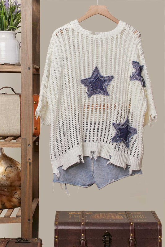 Bursting Stars Distressed Knit Pullover in White and Denim
