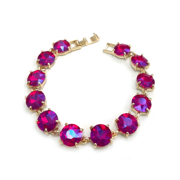 Broadway Round Cushion Cut Crystal Glass Linked Bracelet in Fuchsia