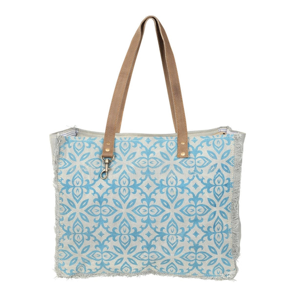 Lindsay Pattern Canvas Tote Bag in Grey and Turquoise