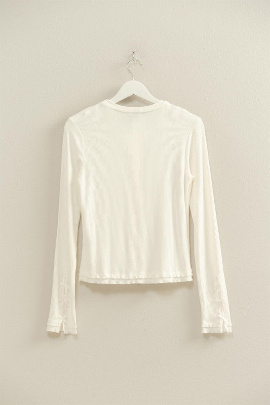 Alivia Button Down Bow Trim Ribbed Top in Off White